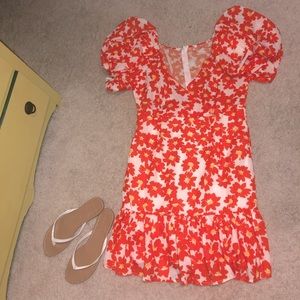 Allover Floral Print Puff Sleeve Ruffle Hem Dress